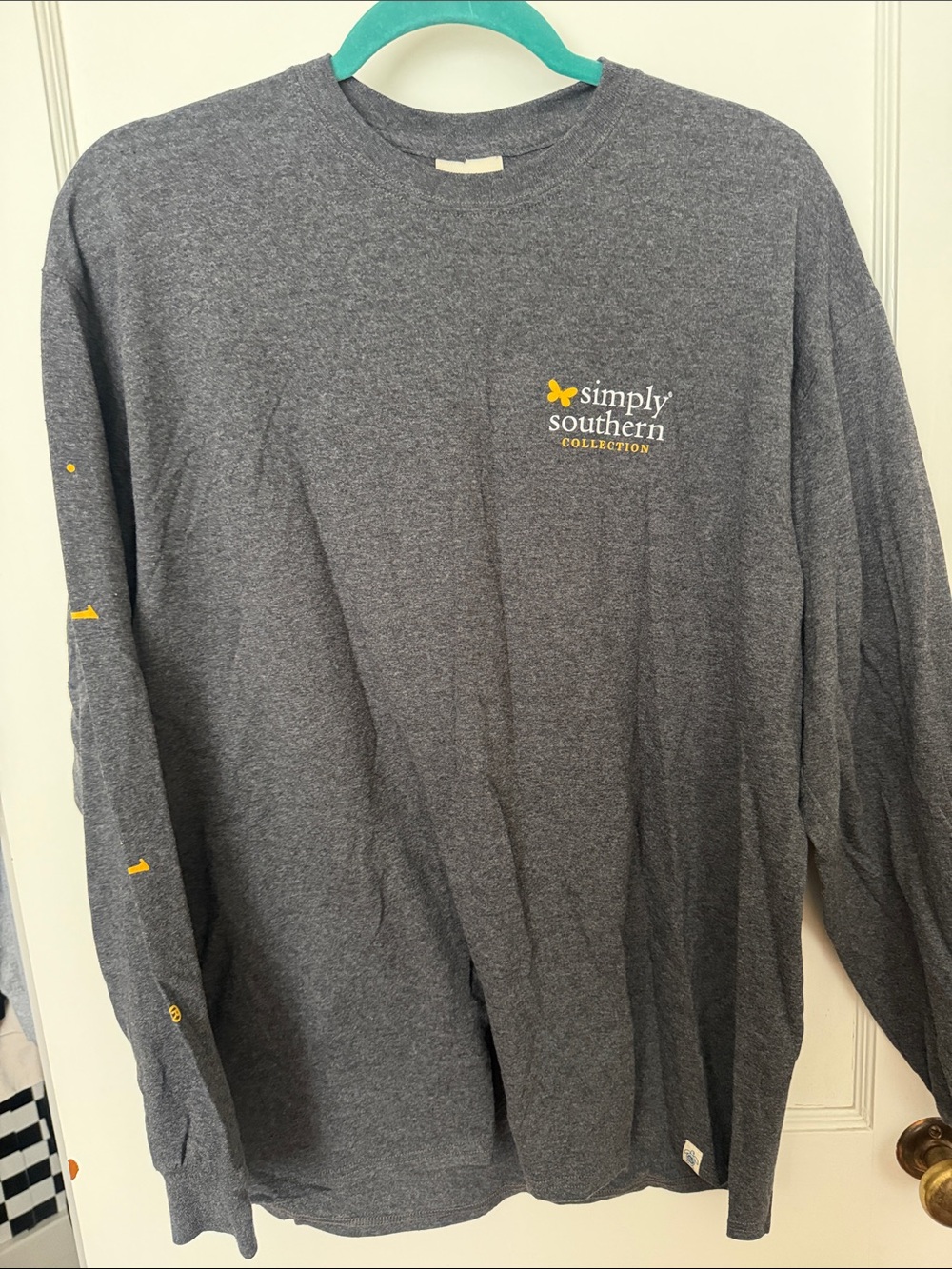 Simply Southern Charcoal Gray Long Sleeve Tee with Yellow Logo